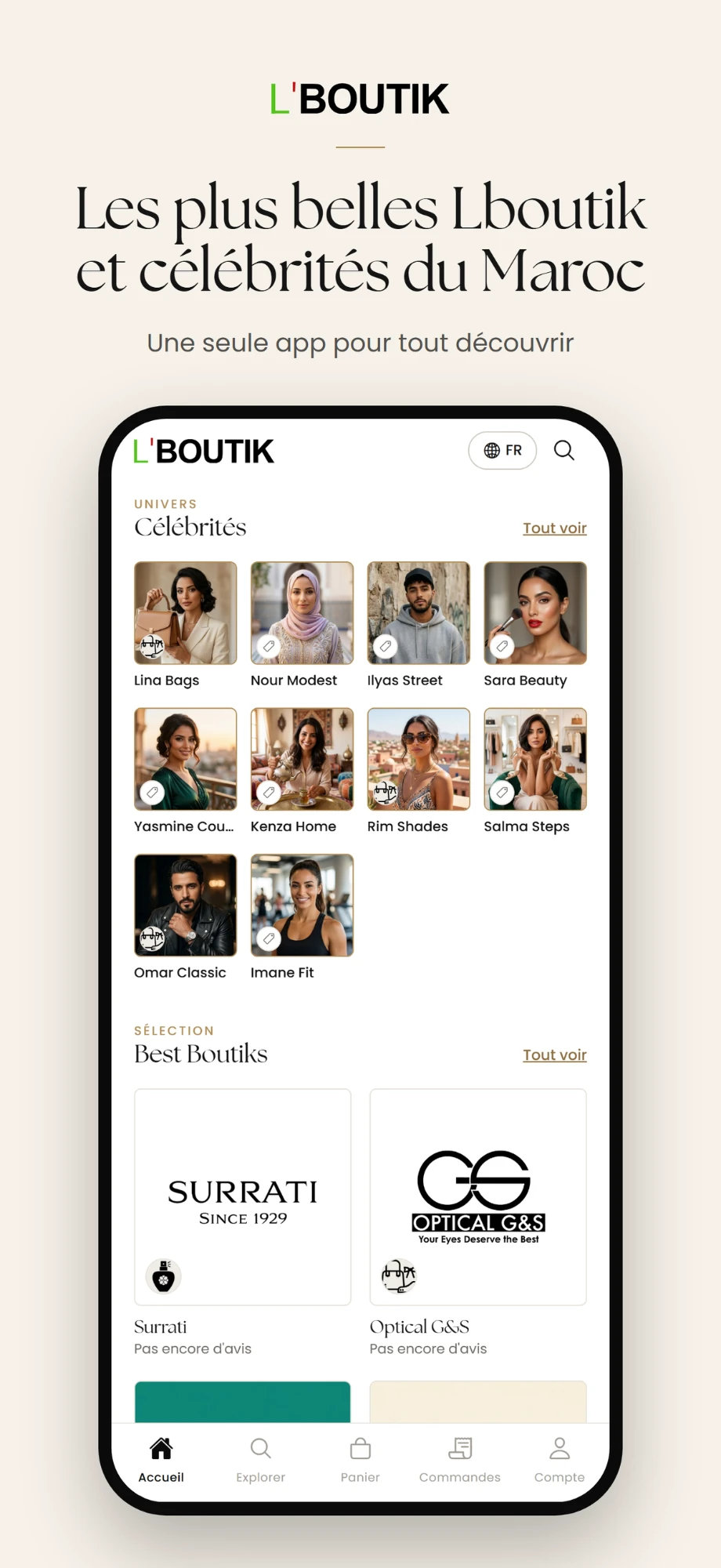 L'Boutik home screen with celebrities and Best Boutiks